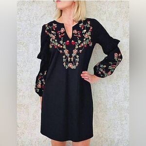 Evereve Braeve Ruffle Sleeve Floral embroidered Dress black size large